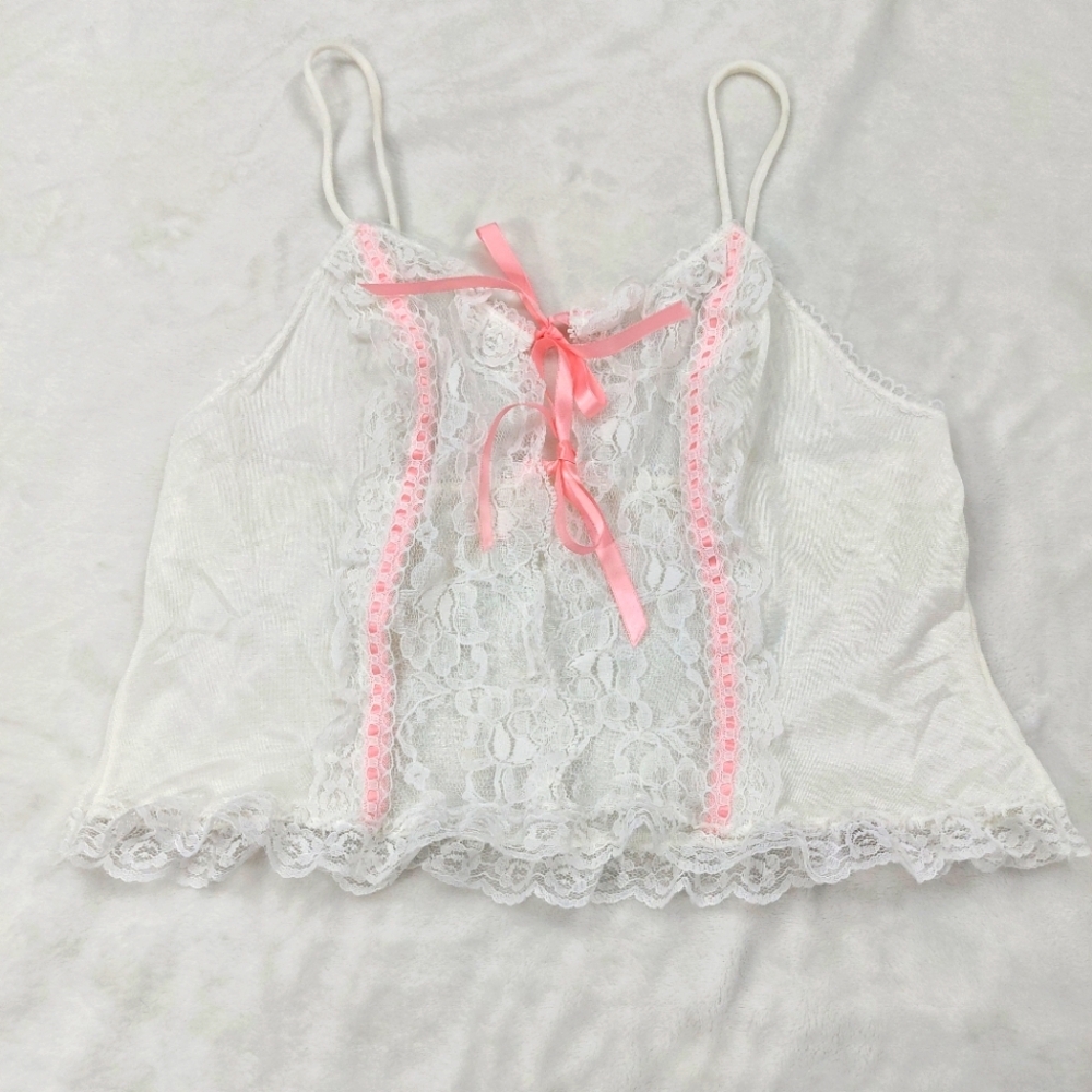 VINTAGE BABYDOLL TOP WOMENS WHITE LACE CROP LACE UP PINK RIBBON CAMISOLE SIZE M - Picture 1 of 6